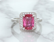 Load image into Gallery viewer, 2.79ct Cushion Pink Sapphire Ring with Diamond Halo in 18K White Gold