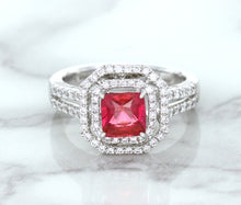 Load image into Gallery viewer, 1.50ct Princess Pink Sapphire Ring with Double Diamond Halo in 14K White Gold