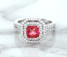 Load image into Gallery viewer, 1.50ct Princess Pink Sapphire Ring with Double Diamond Halo in 14K White Gold