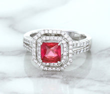 Load image into Gallery viewer, 1.50ct Princess Pink Sapphire Ring with Double Diamond Halo in 14K White Gold