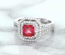 Load image into Gallery viewer, 1.50ct Princess Pink Sapphire Ring with Double Diamond Halo in 14K White Gold