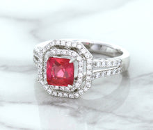 Load image into Gallery viewer, 1.50ct Princess Pink Sapphire Ring with Double Diamond Halo in 14K White Gold