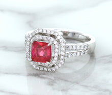 Load image into Gallery viewer, 1.50ct Princess Pink Sapphire Ring with Double Diamond Halo in 14K White Gold