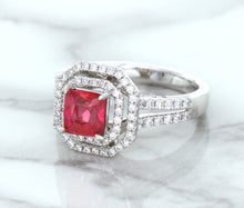 Load image into Gallery viewer, 1.50ct Princess Pink Sapphire Ring with Double Diamond Halo in 14K White Gold
