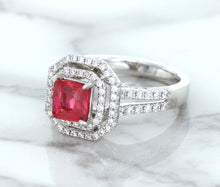 Load image into Gallery viewer, 1.50ct Princess Pink Sapphire Ring with Double Diamond Halo in 14K White Gold