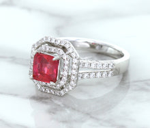 Load image into Gallery viewer, 1.50ct Princess Pink Sapphire Ring with Double Diamond Halo in 14K White Gold