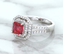 Load image into Gallery viewer, 1.50ct Princess Pink Sapphire Ring with Double Diamond Halo in 14K White Gold