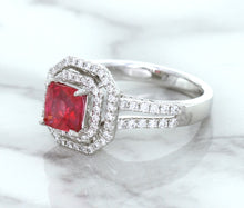 Load image into Gallery viewer, 1.50ct Princess Pink Sapphire Ring with Double Diamond Halo in 14K White Gold