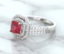 Load image into Gallery viewer, 1.50ct Princess Pink Sapphire Ring with Double Diamond Halo in 14K White Gold
