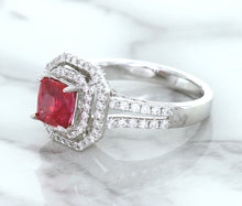 Load image into Gallery viewer, 1.50ct Princess Pink Sapphire Ring with Double Diamond Halo in 14K White Gold