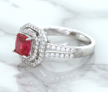 Load image into Gallery viewer, 1.50ct Princess Pink Sapphire Ring with Double Diamond Halo in 14K White Gold