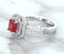 Load image into Gallery viewer, 1.50ct Princess Pink Sapphire Ring with Double Diamond Halo in 14K White Gold