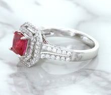 Load image into Gallery viewer, 1.50ct Princess Pink Sapphire Ring with Double Diamond Halo in 14K White Gold