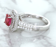 Load image into Gallery viewer, 1.50ct Princess Pink Sapphire Ring with Double Diamond Halo in 14K White Gold