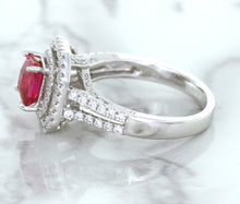 Load image into Gallery viewer, 1.50ct Princess Pink Sapphire Ring with Double Diamond Halo in 14K White Gold