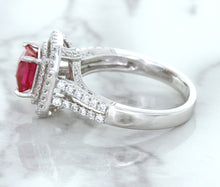 Load image into Gallery viewer, 1.50ct Princess Pink Sapphire Ring with Double Diamond Halo in 14K White Gold