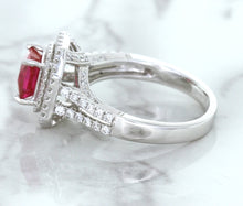 Load image into Gallery viewer, 1.50ct Princess Pink Sapphire Ring with Double Diamond Halo in 14K White Gold