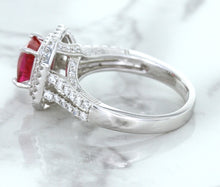 Load image into Gallery viewer, 1.50ct Princess Pink Sapphire Ring with Double Diamond Halo in 14K White Gold