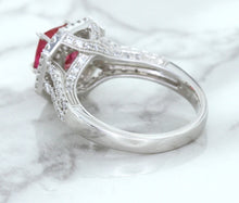 Load image into Gallery viewer, 1.50ct Princess Pink Sapphire Ring with Double Diamond Halo in 14K White Gold