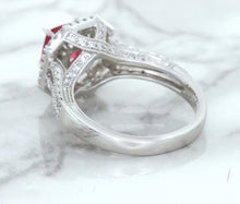 Load image into Gallery viewer, 1.50ct Princess Pink Sapphire Ring with Double Diamond Halo in 14K White Gold