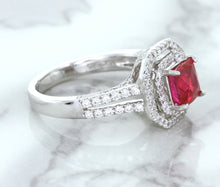 Load image into Gallery viewer, 1.50ct Princess Pink Sapphire Ring with Double Diamond Halo in 14K White Gold
