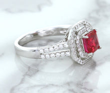 Load image into Gallery viewer, 1.50ct Princess Pink Sapphire Ring with Double Diamond Halo in 14K White Gold
