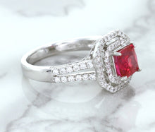 Load image into Gallery viewer, 1.50ct Princess Pink Sapphire Ring with Double Diamond Halo in 14K White Gold