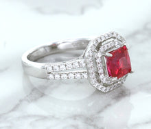 Load image into Gallery viewer, 1.50ct Princess Pink Sapphire Ring with Double Diamond Halo in 14K White Gold
