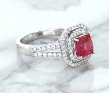 Load image into Gallery viewer, 1.50ct Princess Pink Sapphire Ring with Double Diamond Halo in 14K White Gold