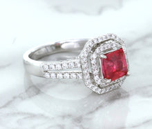 Load image into Gallery viewer, 1.50ct Princess Pink Sapphire Ring with Double Diamond Halo in 14K White Gold