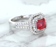 Load image into Gallery viewer, 1.50ct Princess Pink Sapphire Ring with Double Diamond Halo in 14K White Gold