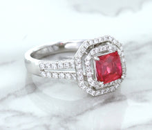 Load image into Gallery viewer, 1.50ct Princess Pink Sapphire Ring with Double Diamond Halo in 14K White Gold