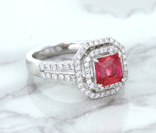 Load image into Gallery viewer, 1.50ct Princess Pink Sapphire Ring with Double Diamond Halo in 14K White Gold