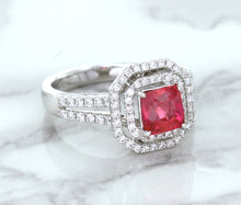 Load image into Gallery viewer, 1.50ct Princess Pink Sapphire Ring with Double Diamond Halo in 14K White Gold