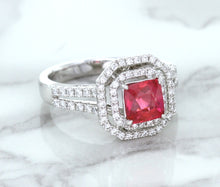 Load image into Gallery viewer, 1.50ct Princess Pink Sapphire Ring with Double Diamond Halo in 14K White Gold