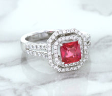 Load image into Gallery viewer, 1.50ct Princess Pink Sapphire Ring with Double Diamond Halo in 14K White Gold