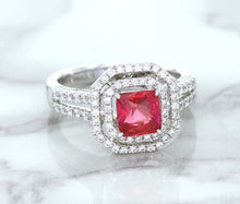 Load image into Gallery viewer, 1.50ct Princess Pink Sapphire Ring with Double Diamond Halo in 14K White Gold