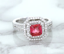 Load image into Gallery viewer, 1.50ct Princess Pink Sapphire Ring with Double Diamond Halo in 14K White Gold