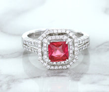 Load image into Gallery viewer, 1.50ct Princess Pink Sapphire Ring with Double Diamond Halo in 14K White Gold