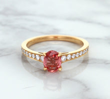 Load image into Gallery viewer, 0.80ct Oval Padparadscha Ring with Diamond Accents in 18K Rose Gold