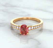 Load image into Gallery viewer, 0.80ct Oval Padparadscha Ring with Diamond Accents in 18K Rose Gold