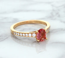 Load image into Gallery viewer, 0.80ct Oval Padparadscha Ring with Diamond Accents in 18K Rose Gold