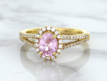 Load image into Gallery viewer, 1.27ct Oval Pink Sapphire Ring with Diamond Halo in 18K Rose Gold