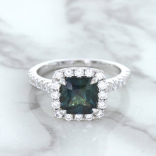 Load image into Gallery viewer, 2.56ct Radiant Cut Unheated Green Sapphire Ring with Diamond Halo in 18K White Gold