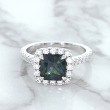 Load image into Gallery viewer, 2.56ct Radiant Cut Unheated Green Sapphire Ring with Diamond Halo in 18K White Gold