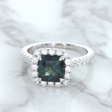 Load image into Gallery viewer, 2.56ct Radiant Cut Unheated Green Sapphire Ring with Diamond Halo in 18K White Gold