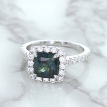 Load image into Gallery viewer, 2.56ct Radiant Cut Unheated Green Sapphire Ring with Diamond Halo in 18K White Gold