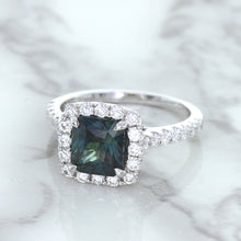 Load image into Gallery viewer, 2.56ct Radiant Cut Unheated Green Sapphire Ring with Diamond Halo in 18K White Gold