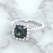 Load image into Gallery viewer, 2.56ct Radiant Cut Unheated Green Sapphire Ring with Diamond Halo in 18K White Gold