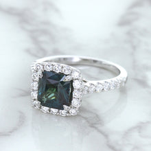 Load image into Gallery viewer, 2.56ct Radiant Cut Unheated Green Sapphire Ring with Diamond Halo in 18K White Gold